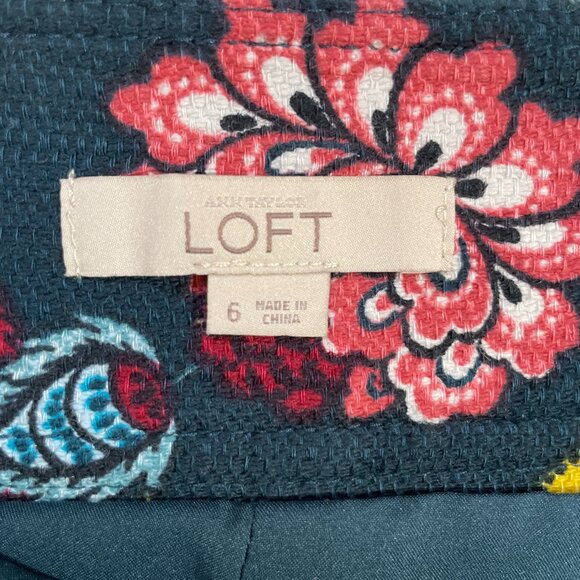 LOFT Blue Teal Floral Pencil Skirt Size 6 Cotton Stretch Lined Side Zip - Picture 11 of 12